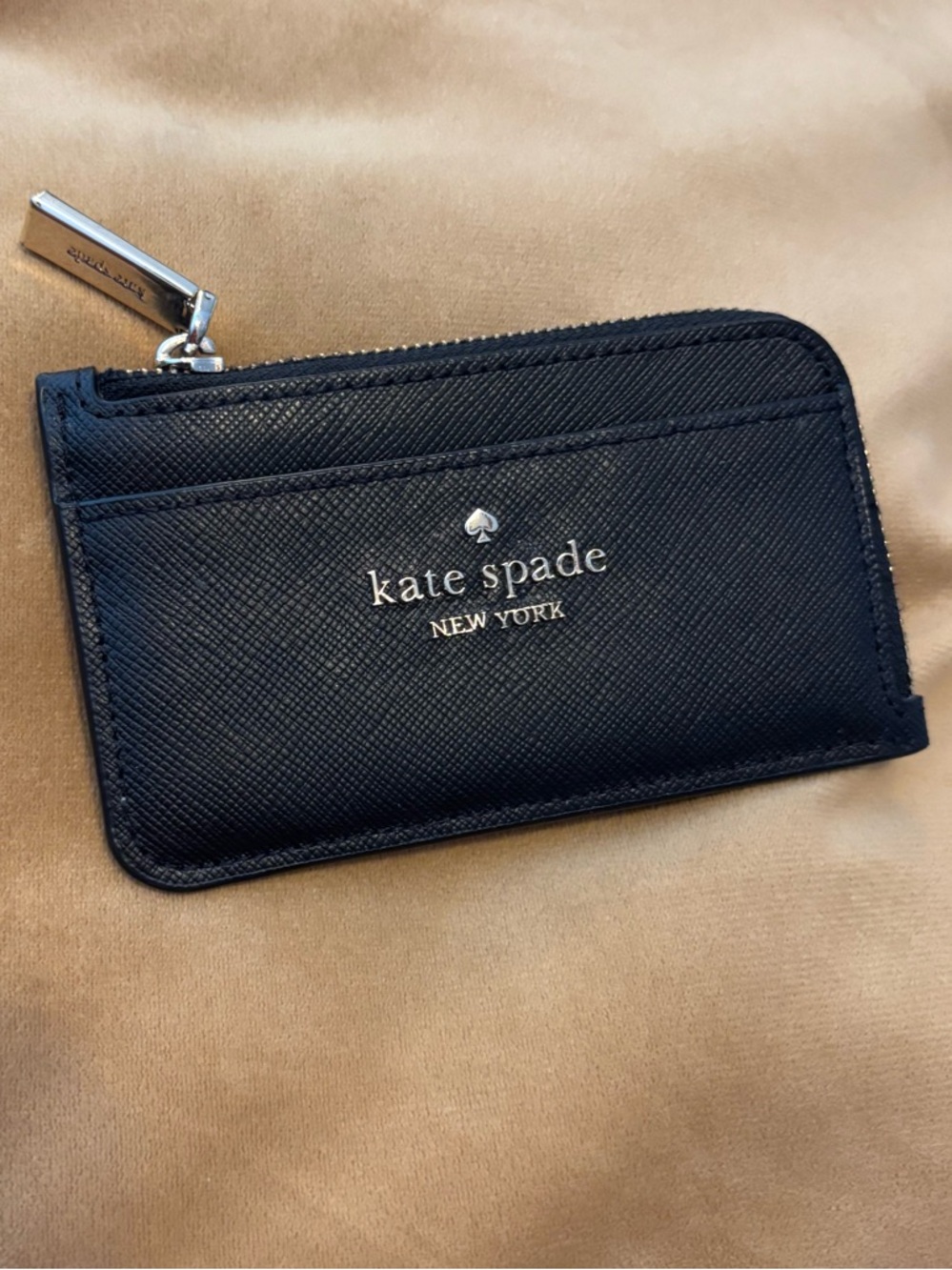 kate spade Black Leather Zip Card Case with Gold Hardware